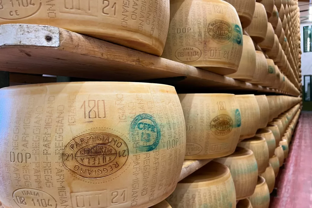 Closeup detail of wheels of Parmigiano Reggiano cheese, stored at a producer outside of Bologna, Italy.