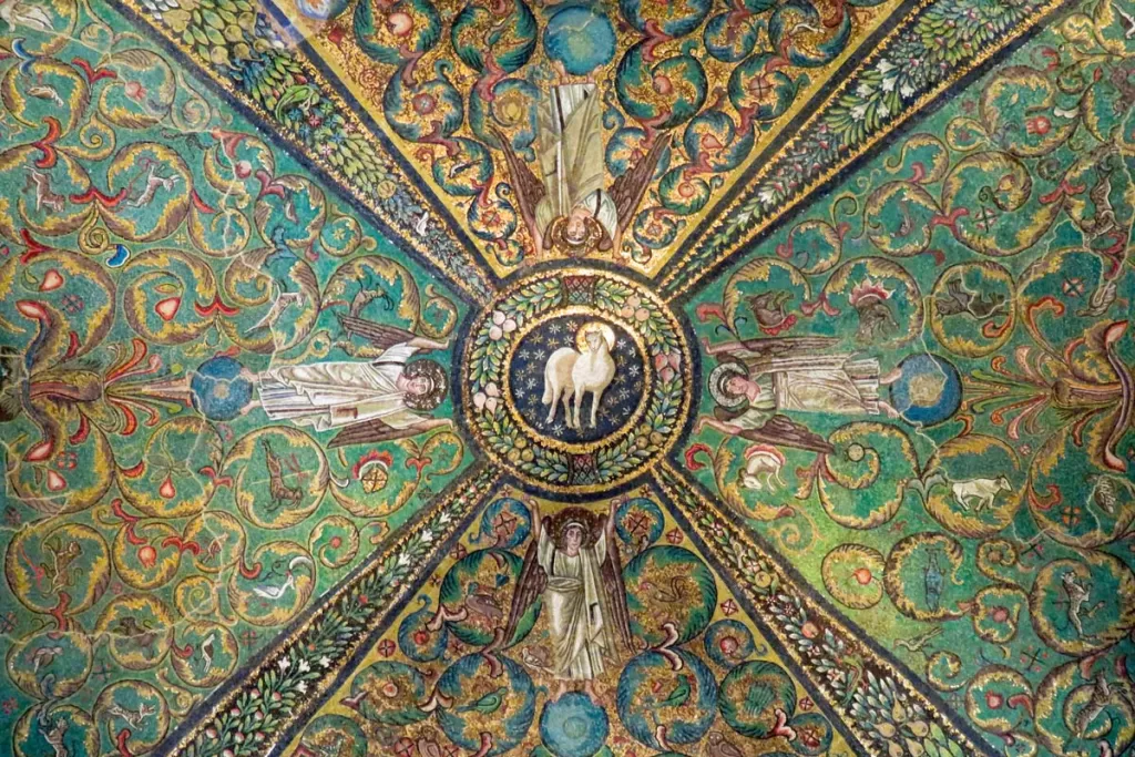 Close-up detail of the brightly colored Byzantine mosaics of Basilica di San Vitale in Ravenna, Italy.