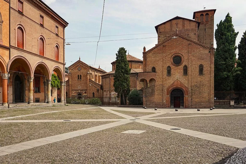 Piazza Santo Stefano looks back to the medieval basilica of the same name in Bologna, Italy.