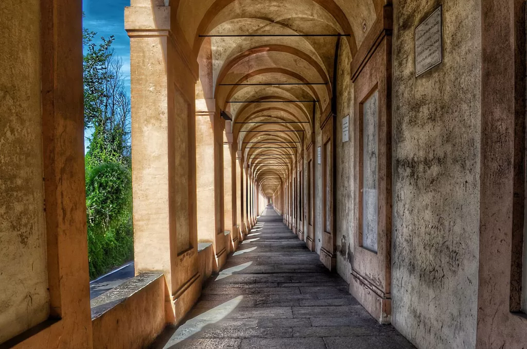 Portico San Luca, the longest portico in the world, stretches along the hills outside of Bologna, Italy.