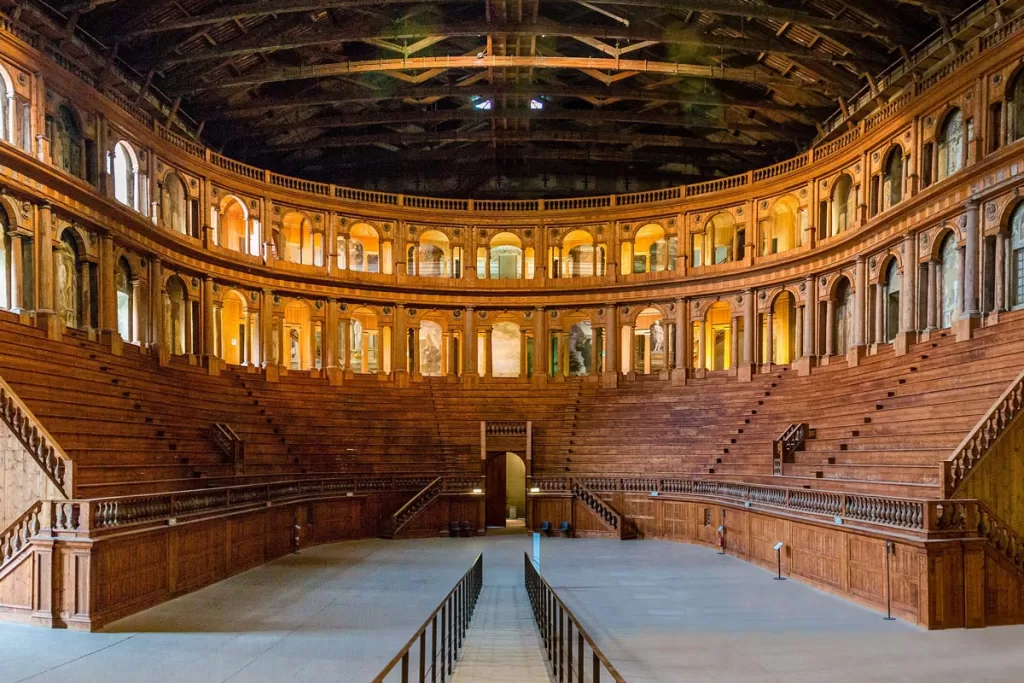 The wood-paneled interior of Teatro Farnese in Parma, Italy. The theater is one of only three Renaissance-era theaters left in the world.