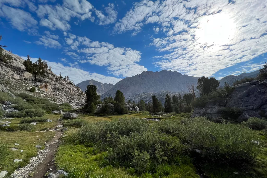 A small footpath leads upwards through scrub and low pines to Glen Pass on the Rae Lakes Loop.