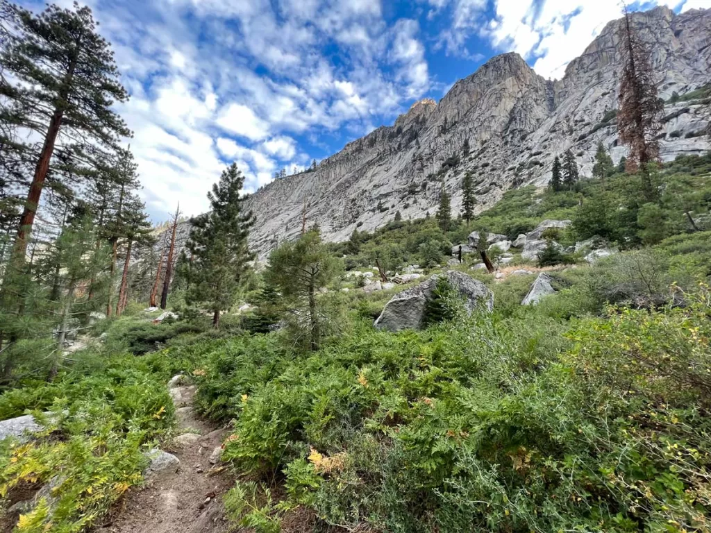 A small dirt trail winds along an exposed hillside on the Rae Lakes Loop in Kings Canyon National Park
