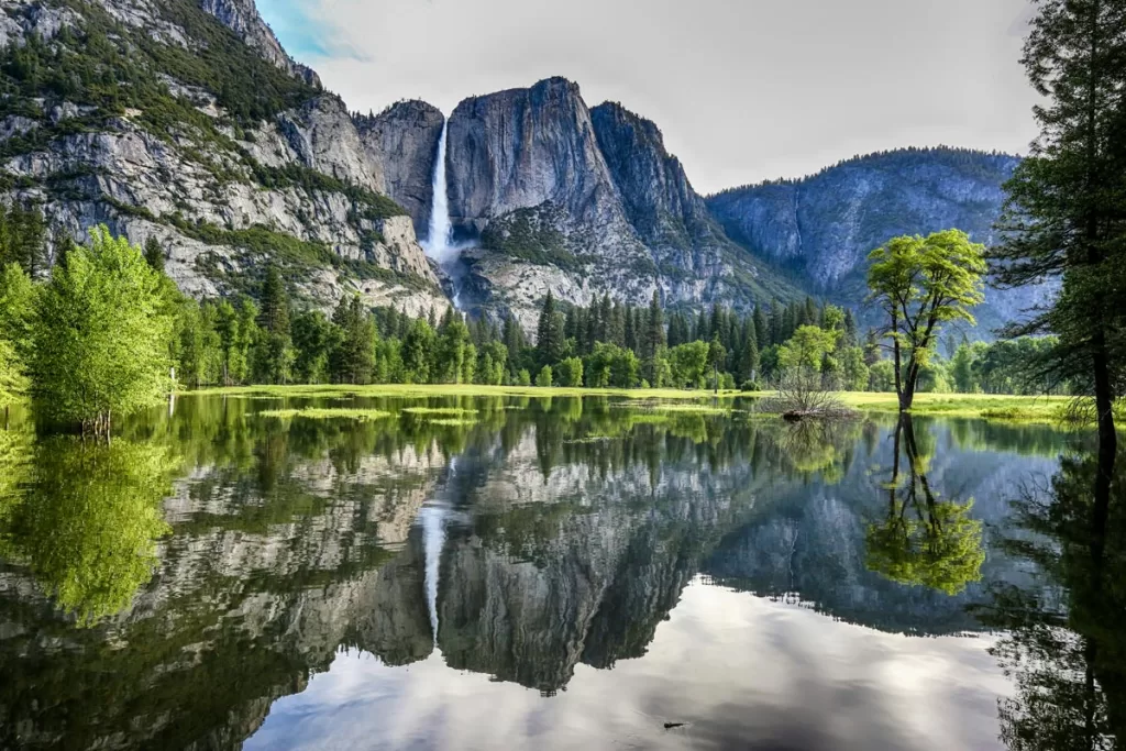 Roaring Yosemite Falls is reflected in the smooth waters of the Merced River in Yosemite National Park.