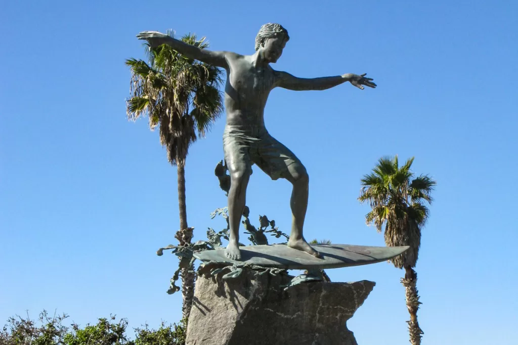 The iconic statue of the "Cardiff Kook" in Cardiff, California.