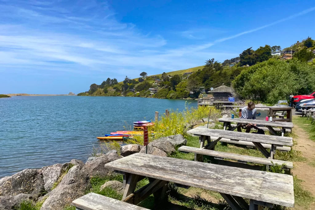 Wooden picnic benches line the Russian River in Jenner, California.